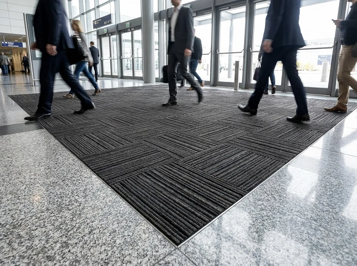 Tire tiles in airport terminal with business travelers