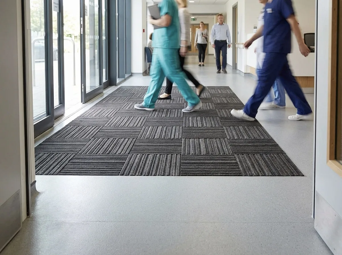 Tire tiles in hospital corridor with medical staff