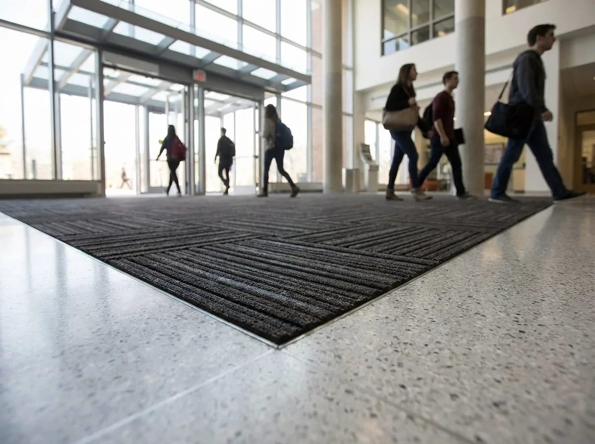 Tire tiles in university lobby with students
